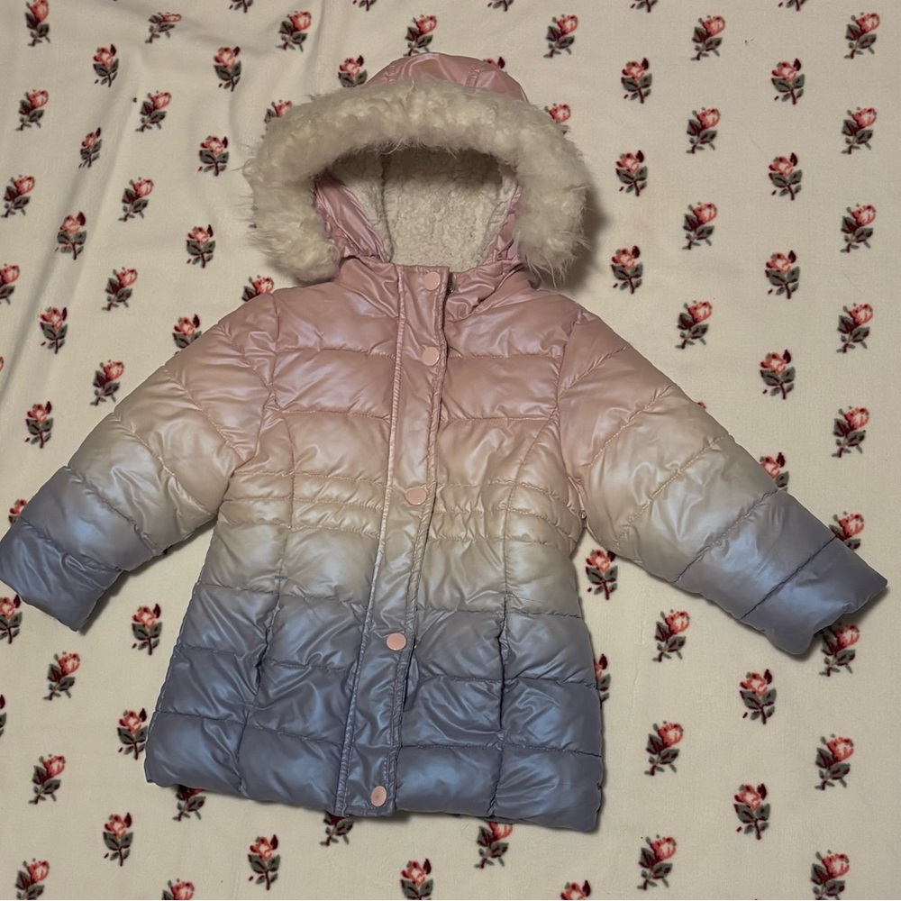 Pink and Blue Ombre Puffer Winter Jacket with Sherpa Lined Hood size 2T